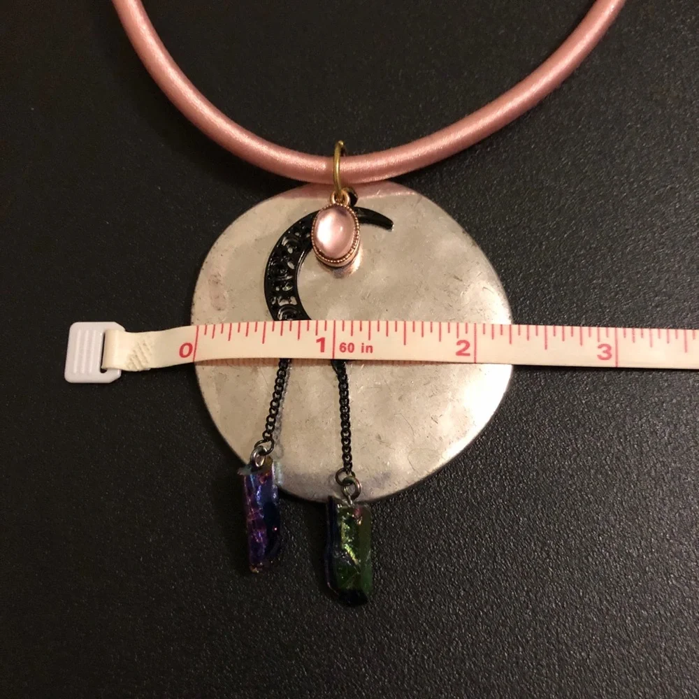 Handcrafted Moon & Faux Crystal Pendant Necklace in Pink